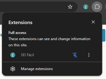 Ícone do SEI Fácil fixado na barra de ferramentas do Chrome.