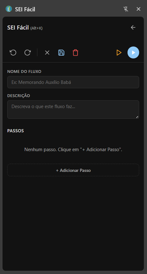 Tela de edição completa: barra de ferramentas, nome, descrição e a lista de passos.