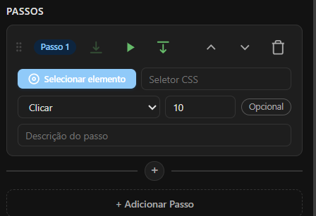 Um cartão de passo com cabeçalho (alça, número, botões) e corpo (seletor, ação, timeout, opcional, descrição, valor).