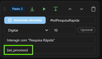 Campo Valor de um passo Digitar com o token {numero_processo} digitado — mostrando como referenciar um parâmetro definido no passo anterior.